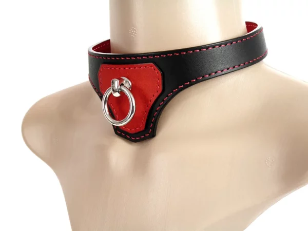 vue de profil collier en cuir rouge et noir